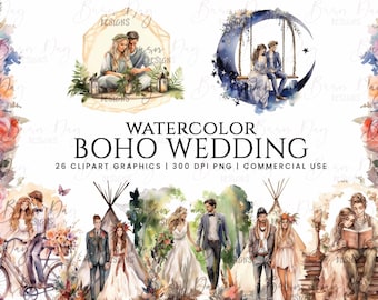 Watercolor Boho Wedding Clipart Bundle: 26 PNG Illustrations (Digital Download)