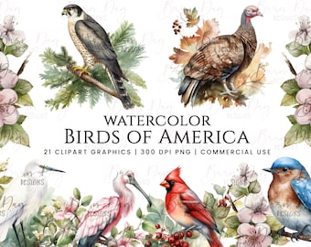 May include: Watercolor illustrations of various American birds, including a cardinal, a turkey, a bluebird, a bald eagle, a wood duck, a hummingbird, a robin, a blue jay, a crow, a hawk, a owl, a woodpecker, a sparrow, a dove, a goose, a swan, a pelican, a heron, and a egret. The illustrations are set against a background of blooming cherry blossoms and fall foliage.