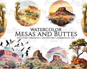Watercolor Mesas and Buttes Clipart: Desert Landscape PNG Bundle (Digital Download)