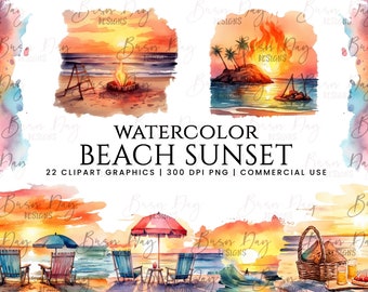 Watercolor Beach Sunset Clipart Bundle (Digital Download)