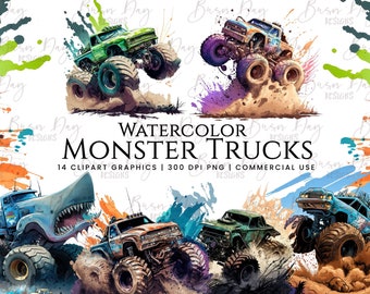 14 Watercolor Monster Truck clipart, digital download, digital paper, digital planner, instant download, digital prints, commercial use,