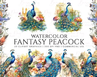Könnte beinhalten: Aquarell-Clipart-Grafiken mit Fantasy-Pfauen. Das Bild zeigt mehrere Illustrationen von Pfauen mit leuchtend blauem, grünem und goldenem Gefieder. Die Pfauen sind von bunten Blumen und Blättern umgeben, mit dem Text "WATERCOLOR FANTASY PEACOCK".