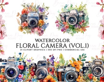 May include: Watercolor clipart graphics of cameras decorated with floral arrangements. The text "WATERCOLOR FLORAL CAMERA (VOL.1) 21 CLIPART GRAPHICS | 300 DPI PNG | COMMERCIAL USE" is at the bottom of the image.