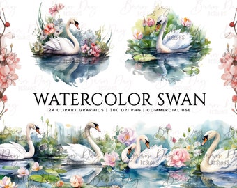 Watercolor Swan Clipart Bundle: 24 PNG Graphics (Digital Download)