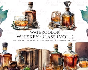 24 Watercolor Whiskey Glass clipart bundle, digital download, digital planner, instant download, watercolor clipart, commercial use,