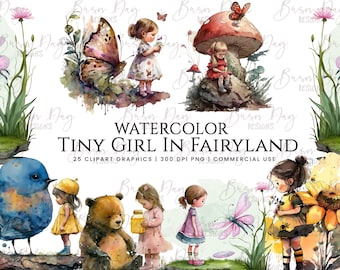 25 Watercolor Tiny girl in Fairyland Clipart , watercolor clipart, digital download, instant download, digital prints