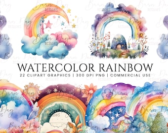 Watercolor Rainbow Clipart Bundle: 22 PNG Graphics (Digital Download)