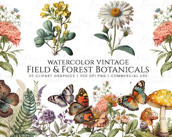 Watercolor Vintage Botanicals Clipart: Field & Forest Designs (Digital Download)