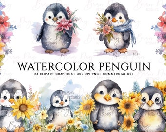 Watercolor Penguin Clipart Bundle: 24 PNG Graphics (Digital Download)