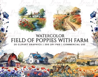 Watercolor Poppy Field Clipart: Farmhouse Graphics (Digital Download)