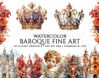 May include: Watercolor illustration of a baroque style scene with ornate gold crowns, a cherub, and buildings. The illustration is set against a white background and includes the text "WATERCOLOR BAROQUE FINE ART 39 CLIPART GRAPHICS | 300 DPI PNG | COMMERCIAL USE".