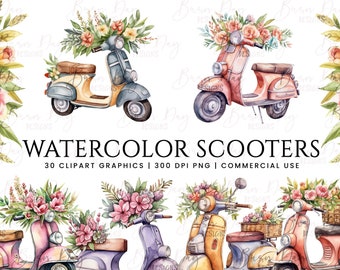 30 Watercolor scooter clipart bundle, digital download, digital paper, digital planner, instant download, digital prints, commercial use,