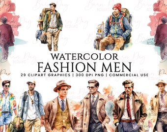 May include: Watercolor illustrations of men wearing various outfits, including a blue jacket with a red hat, a brown jacket with a vest, and a blue shirt with a necklace. The illustrations are set against a watercolor background with the text "WATERCOLOR FASHION MEN 29 CLIPART GRAPHICS | 300 DPI PNG | COMMERCIAL USE".