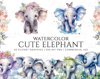 36 Watercolor Cute Elephant Clipart bundle , clipart bundle, commercial use, digital download, instant download, digital planner