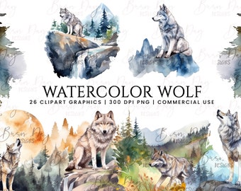 26 Watercolor Wolf clipart bundle, watercolor clipart, digital download, instant download, digital prints