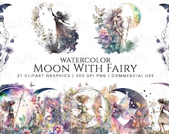 Watercolor Moon Fairy Clipart Bundle (Digital Download)