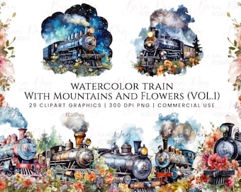 May include: Watercolor illustrations of steam trains with mountains and flowers. The image features multiple train designs with colorful floral arrangements and mountain backdrops. Text reads "Watercolor Train With Mountains and Flowers (Vol. 1)".