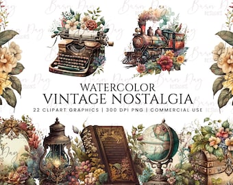 22 Watercolor Vintage Nostalgia clipart bundle, digital download, digital planner, instant download, watercolor clipart, commercial use,
