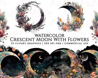 Watercolor Floral Crescent Moon Clipart: 32 PNG Bundle (Digital Download)