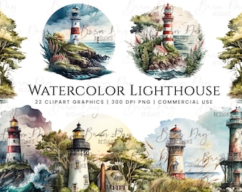 22 Watercolor Lighthouse Clipart, clipart bundle, commercial use, digital download, instant download, Watercolor Lighthouse Clipart