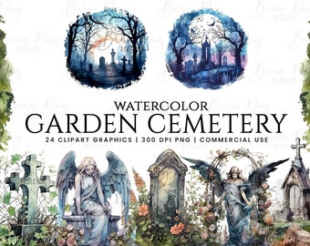 Watercolor Gothic Cemetery Clipart: Garden Scene PNG (Digital Download)