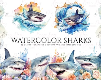 Watercolor Sharks Clipart Bundle: 22 PNG Graphics (Digital Download)