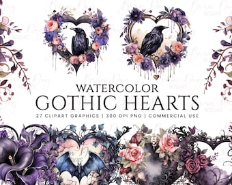Watercolor Gothic Heart Clipart Bundle (27 PNG Digital Download)