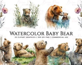 May include: Watercolor clipart set of baby bears in various poses. The set includes bears in a forest setting, swimming, and playing. The bears are brown and have cute expressions. The set is perfect for creating cards, invitations, and other crafts.