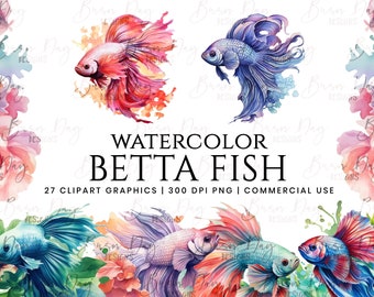 Watercolor Betta Fish Clipart: 27 PNG Designs (Digital Download)