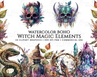 Watercolor Witch Clipart: Boho Magic Elements (Digital Download)