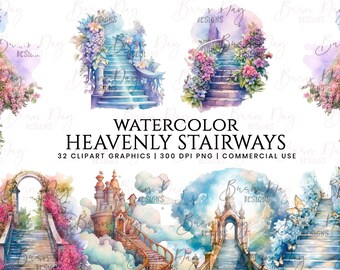 Watercolor Heavenly Stairways Clipart: 32 PNG Graphics (Digital Download)