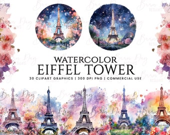 Clipartbundel aquarel Eiffeltoren (digitale download)