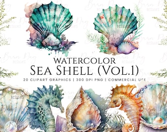 Watercolor Sea Shell Clipart Bundle: 20 PNG Designs (Digital Download)