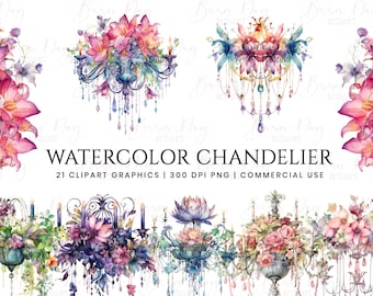 21 Watercolor Chandelier clipart bundle, digital download, digital planner, instant download, watercolor clipart, commercial use