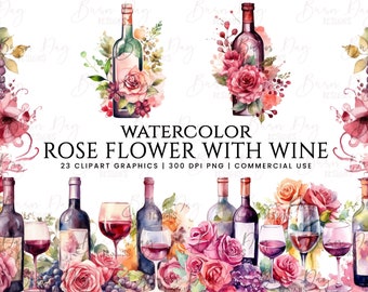 23 Watercolor Roses and Wine Clipart bundle , watercolor clipart, digital download, instant download, digital prints, commercial use