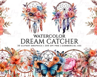 May include: Watercolor dream catcher clipart graphics with floral elements, feathers, and butterflies. 30 clipart graphics, 300 DPI PNG, commercial use.