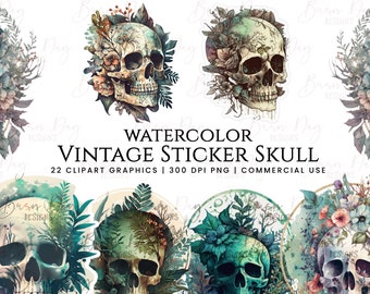 Könnte beinhalten: Aquarell-Clipart-Grafiken von Vintage-Schädeln mit floralen und Blattmotiven. Die Schädel sind in verschiedenen Posen und von Blumen, Blättern und Ranken umgeben. Die Farben sind gedämpft und erdig, mit Schattierungen von Grün, Blau und Braun.