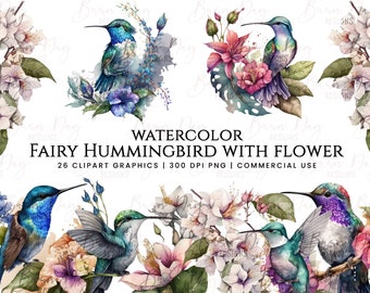 Watercolor Fairy Hummingbird Clipart: Floral PNG Bundle (Digital Download)