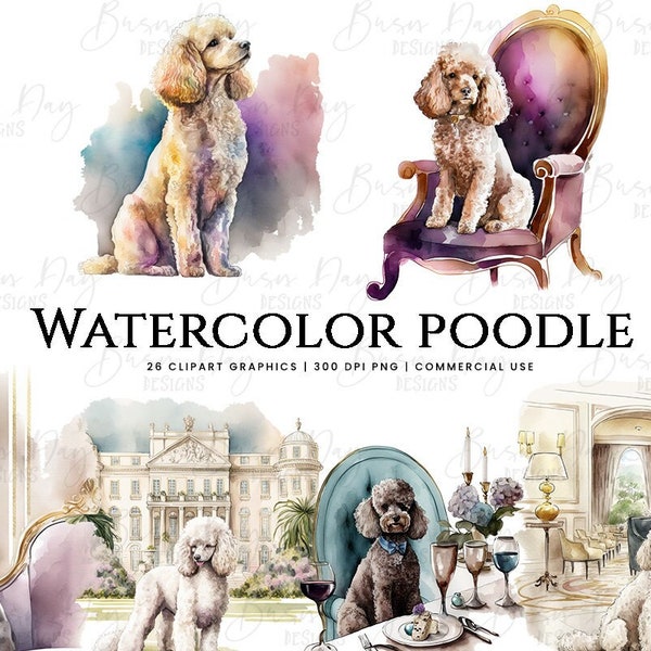 Watercolor Poodle Clipart Bundle- - Digital Download - Card Making, Clip Art, Digital Paper Craft