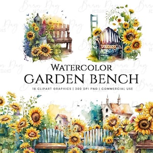 Banco de jardín de acuarela con girasol, descarga digital: ideal para la fabricación de tarjetas, medios mixtos, artesanía en papel digital y más