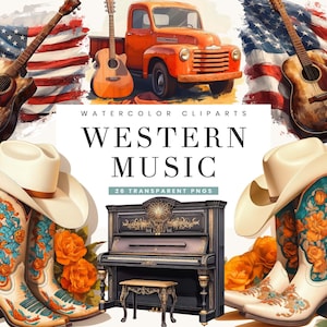 26 aquarelle musique country Western Clipart Bundle sublimation dessins téléchargement numérique, impressions numériques, art imprimable, musique country PNG