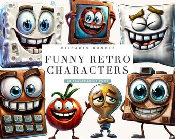 May include: A collection of cartoon clip art featuring funny retro characters. The characters include a smiling sponge, a computer, a pillow, a calculator, a tomato, a lightbulb, and a camera. The text "CLIPARTS BUNDLE" and "FUNNY RETRO CHARACTERS" is displayed.