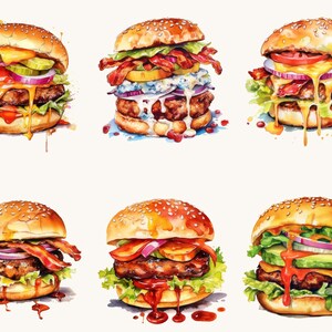 Op de afbeelding: Zes aquarel illustraties van gourmetburgers met verschillende toppings, waaronder sla, tomaat, ui, kaas, spek en avocado. De burgers zijn allemaal op sesamzaadjesbroodjes en hebben een sappig, smakelijk uiterlijk.
