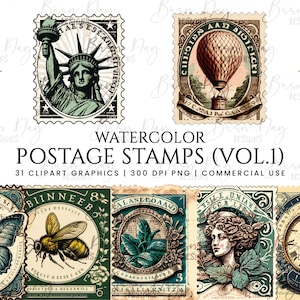 31 Paquete de imágenes prediseñadas de sellos postales vintage de acuarela, descarga digital, planificador digital, descarga instantánea, imágenes prediseñadas de acuarela