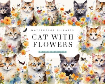 20 Watercolor Cat with Flowers Clipart Sublimation Designs, Instant Download Watercolor Clipart, Printable Art, Digital Download Png Files