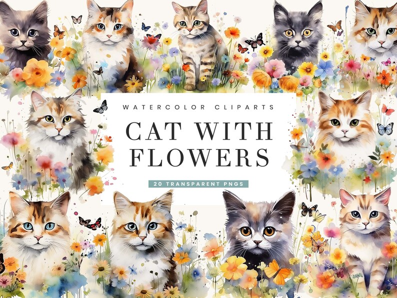 20 Watercolor Cat with Flowers Clipart Sublimation Designs, Instant Download Watercolor Clipart, Printable Art, Digital Download Png Files image 1