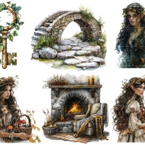 May include: A digital illustration set featuring a stone bridge, a key with vines, a fireplace with a chair, and two fairies with floral crowns. The fairies are holding baskets of mushrooms.