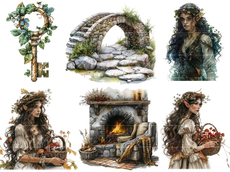 May include: A digital illustration set featuring a stone bridge, a key with vines, a fireplace with a chair, and two fairies with floral crowns. The fairies are holding baskets of mushrooms.