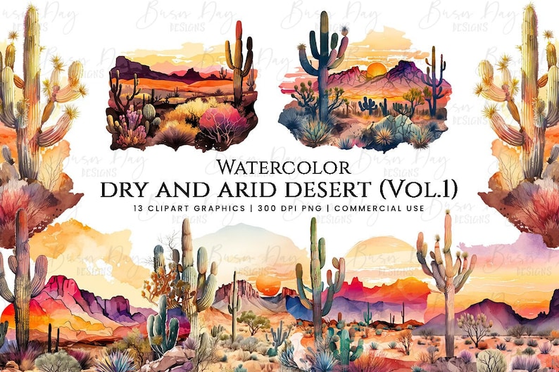 K&ouml;nnte beinhalten: Aquarell-Clipart-Set mit 13 W&uuml;stenlandschafts-Illustrationen. Das Set enth&auml;lt Kakteen, Berge und einen Sonnenuntergangshimmel. Die Illustrationen sind perfekt f&uuml;r die Erstellung digitaler oder gedruckter Designs.