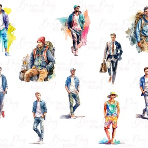 May include: A digital illustration of ten men wearing different outfits. The men are drawn in a watercolor style and are standing in various poses. The illustration is set against a white background.